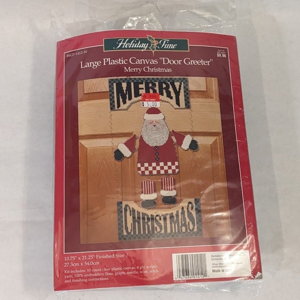 Vintage Holiday Time Santa Merry Christmas Plastic Canvas Door Greeter Kit
